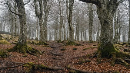 Aufkleber - Otzarreta beech forest in winter misty atmosphere with tree trunks and roots covered in moss amidst fallen leaves and distant fog.