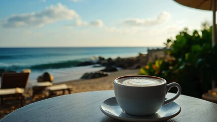 Wall Mural - Enjoying coffee with breathtaking beach views during a tranquil morning, Coffee on indoor table overlooking beautiful beach in summer ing