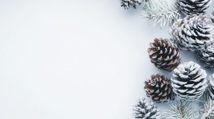 Poster - pine cones scattered on a white surface with a dusting of snow creating a wintery nature background for seasonal themes