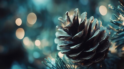 Poster - Soft focus pine cone surrounded by blurred festive lights in a serene natural setting. Perfect for seasonal themes and nature photography.
