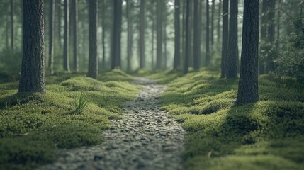 Poster - Serene woodland path through lush pine tree forest with vibrant moss and small grass underfoot in summer season ambiance.