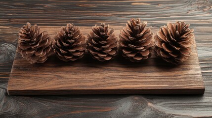 Poster - Pinecones Arranged on a Rustic Wooden Board in a Natural Still Life Setting