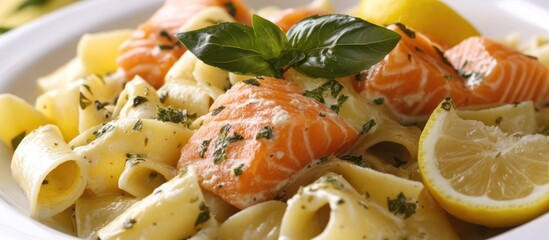 Aufkleber - Pasta with smoked salmon topped with basil cream sauce and fresh lemon slices on a white plate