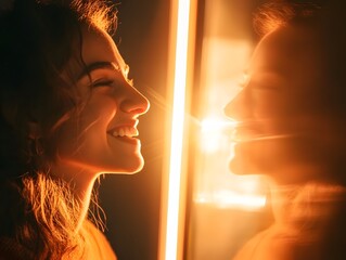 Radiant young woman stands in front of a mirror, illuminated by warm light, with a joyful expression showcasing happiness and self-reflection in a serene moment.