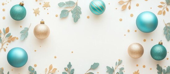 Poster - Turquoise and gold festive flat lay with decorative ornaments and leaves on a white background perfect for holiday banners and greetings