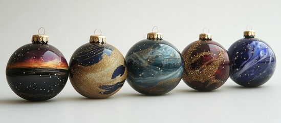 Poster - Colorful galaxy-themed Christmas tree baubles arranged in a row showcasing unique cosmic designs for festive holiday decoration.