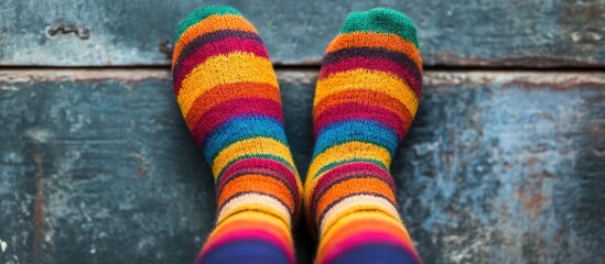 Aufkleber - Colorful striped wool socks resting on a textured wooden surface ideal for cozy lifestyle and home decor visuals