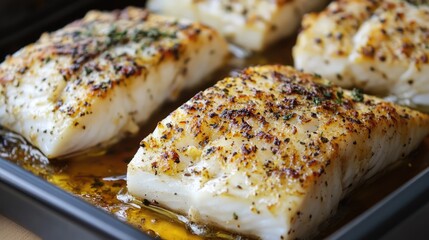 Deliciously baked fish fillets garnished with herbs and spices, perfect for healthy meal ideas and culinary presentations.