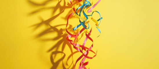 Poster - Colorful party streamers creating dynamic shadows on a vibrant yellow background suitable for celebrations and festive occasions.
