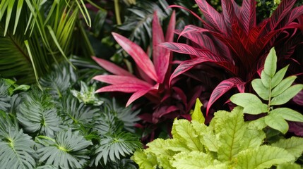 Poster - Vibrant ornamental plants displaying lush greenery and rich colors creating a natural background for design and decor projects.