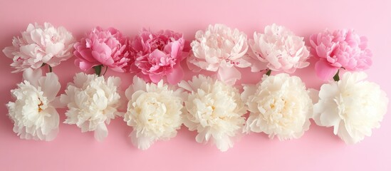 Aufkleber - Peony flowers bouquet in soft pink and white arranged on a pastel pink background with ample copy space for elegant design projects.
