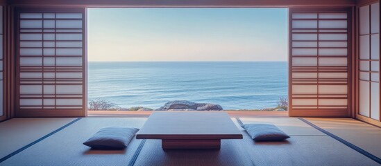 Poster - Minimalist interior with ocean view highlighting modern color trends in contemporary design and tranquility in living spaces