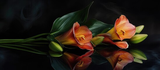 Aufkleber - Lily flowers with buds on dark reflective surface showcasing vibrant colors and delicate details of nature's beauty