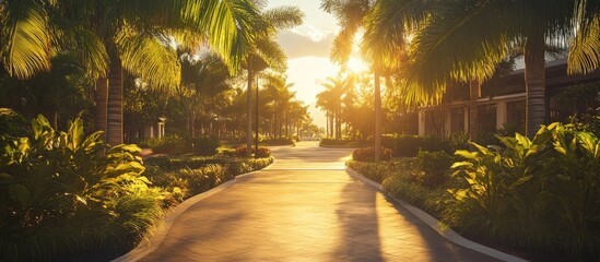 Poster - Lush tropical park pathway at sunset in a serene resort atmosphere inviting relaxation and tranquility