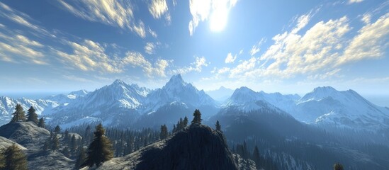 Poster - Breathtaking panoramic view of majestic snow-capped mountains under a bright blue sky with fluffy clouds and a serene landscape.