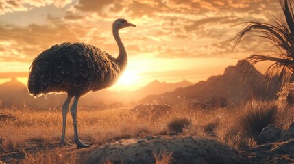 Poster - Ostrich Silhouetted Against a Dramatic Sunset in a Scenic Landscape