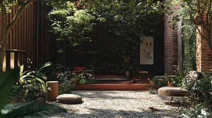 Aufkleber - Tranquil outdoor garden with lush greenery and serene seating areas ideal for relaxation and natural ambiance