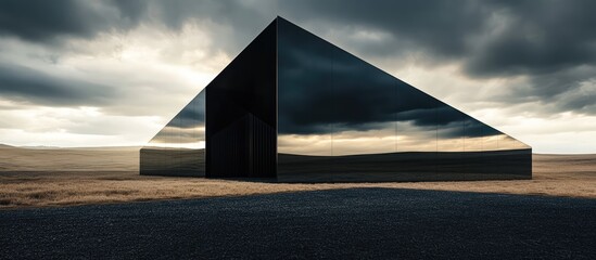 Poster - contemporary office building with reflective surface creating a dramatic shadow effect against a moo