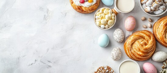 Poster - Easter themed pastries and sweets arranged on a white background with colorful eggs and treats perfect for holiday celebrations