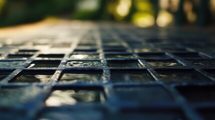 Aufkleber - Outdoor tabletop with a close-up view of a grid pattern showcasing reflections and textures in natural light