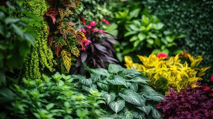Poster - Lush tropical ornamental plants with vibrant colors creating a rich green background for natural decor and gardening inspiration