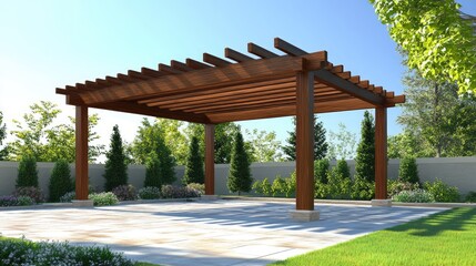 Poster - Pergola with diagonal beams creating a striking architectural feature in a lush garden setting under clear blue skies