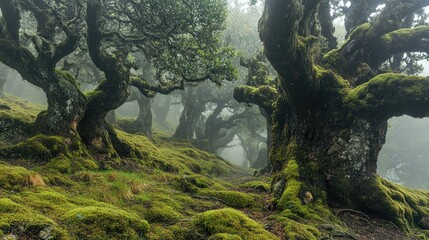 Poster - Ancient spruce forest with dense moss and mist creating a mystical atmosphere in a serene natural setting