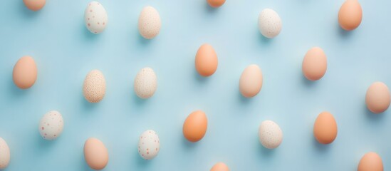 Aufkleber - Pastel colored Easter eggs arranged in a flat lay style on a soft blue backdrop creating a cheerful and festive spring atmosphere