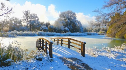 Aufkleber - Winter landscape featuring a snow-covered wooden bridge over a frozen pond surrounded by serene greenery under a bright blue sky.