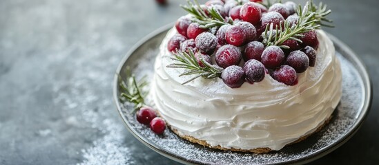 Aufkleber - pavlova meringue cake topped with frosted cranberries and fresh rosemary on a rustic plate against a