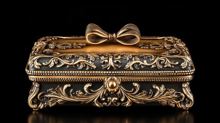 Poster - Ornate decorative gift box with bow showcasing intricate details on a sleek black background