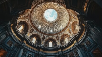 Poster - Ornate Dome Ceiling of Historic Basilica with Symmetrical Architectural Design and Natural Light Streaming Through