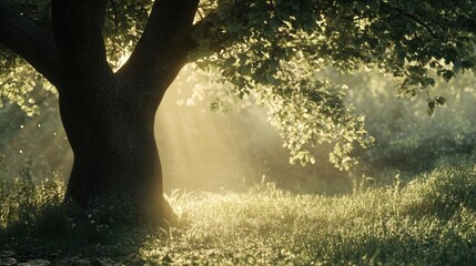 Aufkleber - Serene sunlight filtering through tree leaves in a tranquil outdoor nature setting