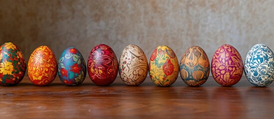 Aufkleber - Colorful decorated Easter eggs arranged on wooden table showcasing traditional designs and vibrant colors representing festive customs.