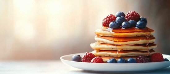 Poster - Delicious pancakes stacked high topped with blueberries honey and assorted berries on a white plate creating a vibrant nutritious breakfast scene