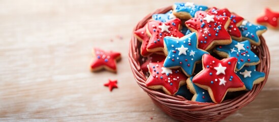 Aufkleber - Patriotic sugar cookies in a basket with red and blue frosting and star sprinkles on a light wooden table with ample copy space