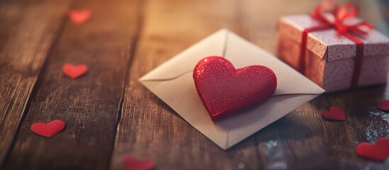 Aufkleber - Romantic composition of a paper envelope with a heart gift box on a wooden table, perfect for love-themed celebrations and events.