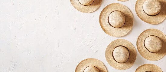 Poster - Summer straw hat pattern with copy space on a textured white background ideal for seasonal promotions or vacation-themed designs
