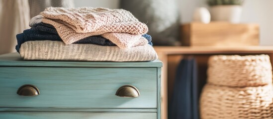 Poster - Stylish home decor featuring neatly folded sweaters on a modern dresser with natural textures and warm color palette