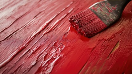 Poster - Closeup of a brush applying vibrant red dye on a textured wooden surface showcasing rich color depth and artistic craftsmanship