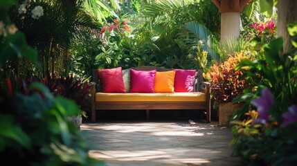 Aufkleber - Serene outdoor patio surrounded by lush greenery featuring a sofa chair with colorful pillows for a relaxing retreat in nature