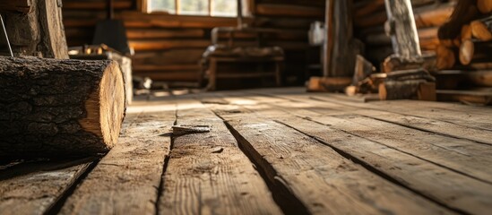 Wall Mural - Rustic logs and disassembled floor in an old village house undergoing renovation showcasing cozy interior details and natural wood textures