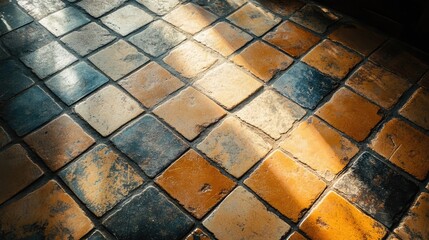 Poster - vintage patterned tile floor with natural light reflections highlighting its aged textures and color