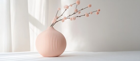 Poster - Peach decorative vase with delicate flowers on a minimalist tabletop setting against a bright white background