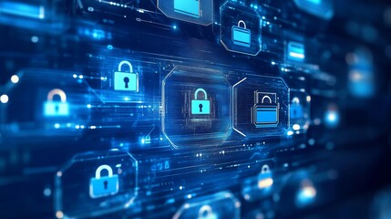 Aufkleber - Digital Representation of Cybersecurity With Multiple Padlock Icons and Glowing Blue Circuitry in a Technology-Themed Environment