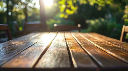 Aufkleber - Outdoor wooden tabletop in soft sunlight showcasing a detailed grid pattern and vibrant natural background with a tranquil ambiance