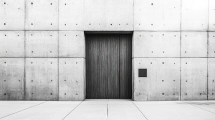 Poster - Monochrome old wood door set within a textured concrete building facade showcasing minimalist architectural design.