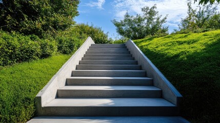 Poster - Modern Concrete Staircase Surrounded by Lush Green Grass and Clear Blue Sky in an Outdoor Setting