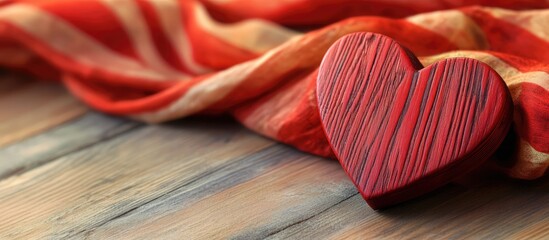 Aufkleber - Red wooden heart paper holder beside a striped silk scarf on rustic wooden surface creating a warm and cozy aesthetic atmosphere.