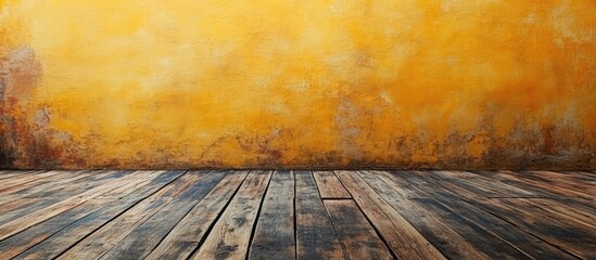 Poster - Textured yellow wall with rustic wooden floor creating an ideal backdrop for product presentation and photography settings
